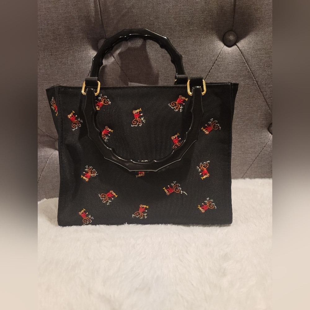 Vintage Embroidered Monkeys Playing Trumpet Handbag Purse, Black